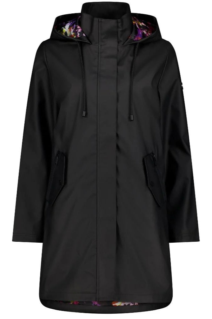 Womens Rain Coat-Billie-Black with Purple Fleur