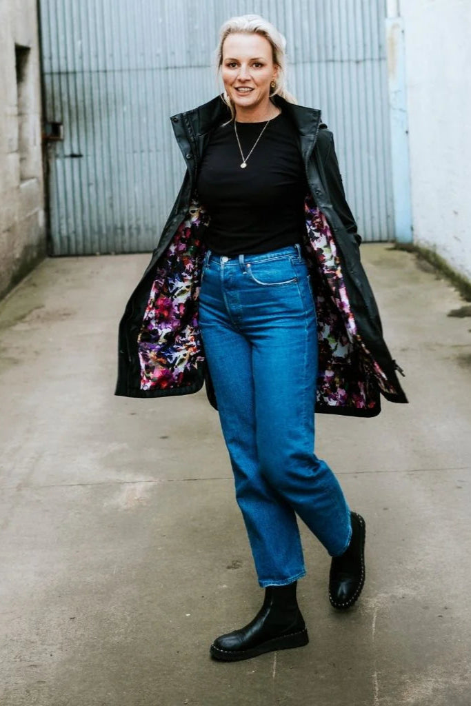 Womens Rain Coat-Billie-Black with Purple Fleur