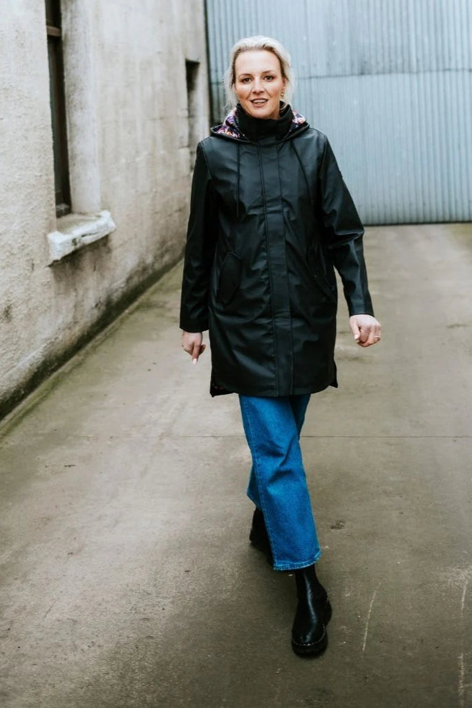 Womens Rain Coat-Billie-Black with Purple Fleur