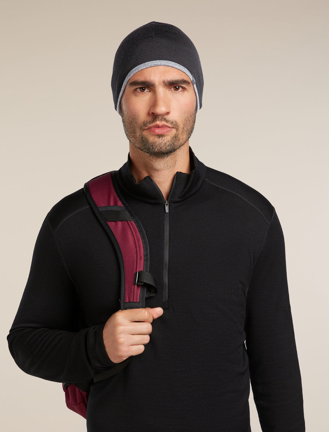 Adult Unisex Merino Reversible Pocket Hat Black/Gritstone Heather  IBM200