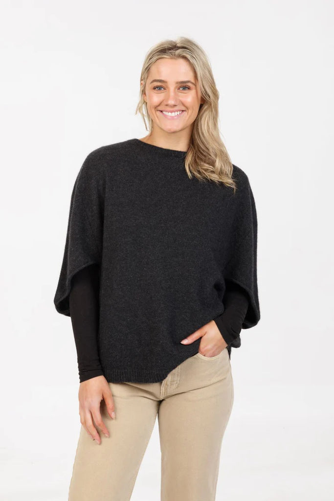Womens Split Sleeve Poncho Charcoal NB868