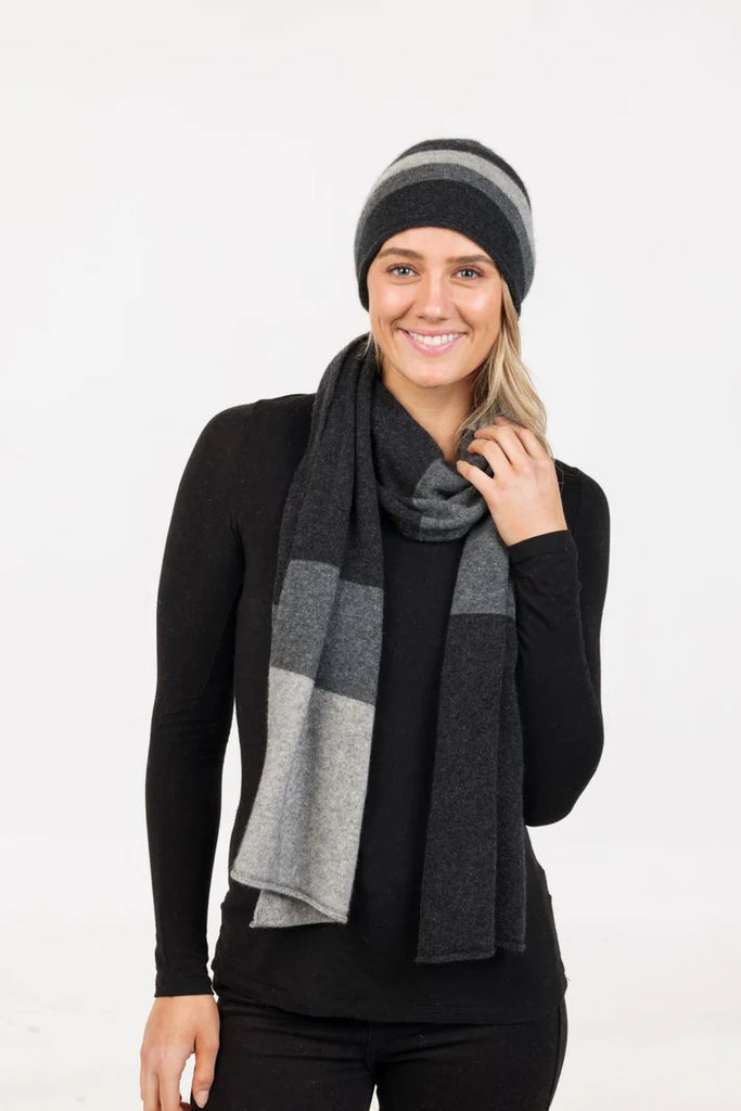 Womens Travel Beanie Charcoal Stripe