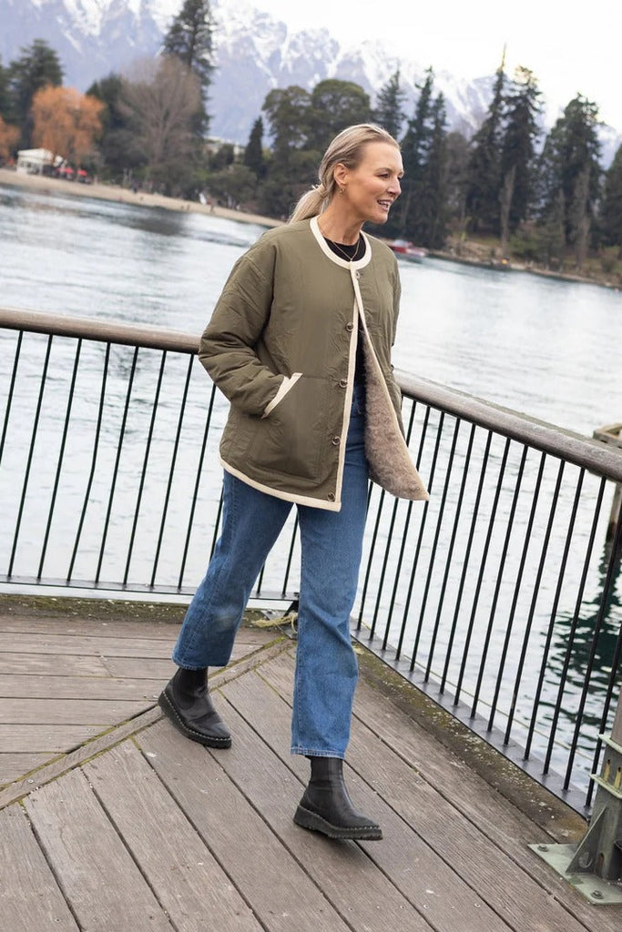 Womens Juniper Reversible Faux Shearling Jacket Olive Green/Cream
