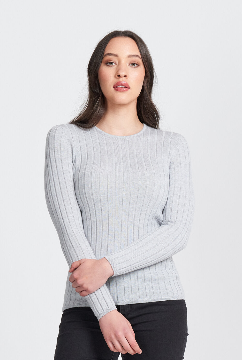 Womens Wide Rib Crew Sweater - Dove Grey